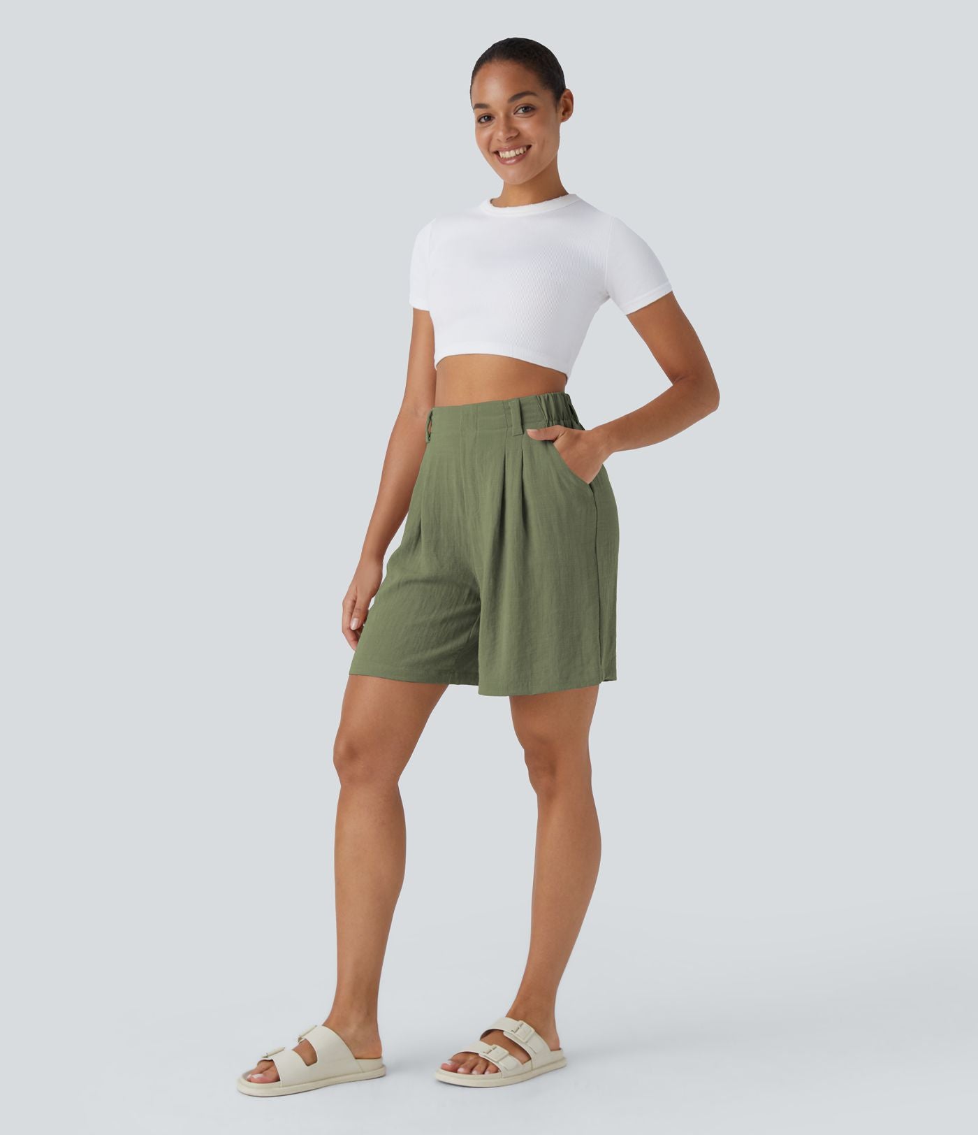 Bermuda Large Fluide Taille Haute avec Plis et Poches Latérales en Lin Synthétique