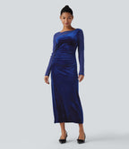 Robe de soirée midi en velours col rond à manches longues froncée avec mesh contrastant