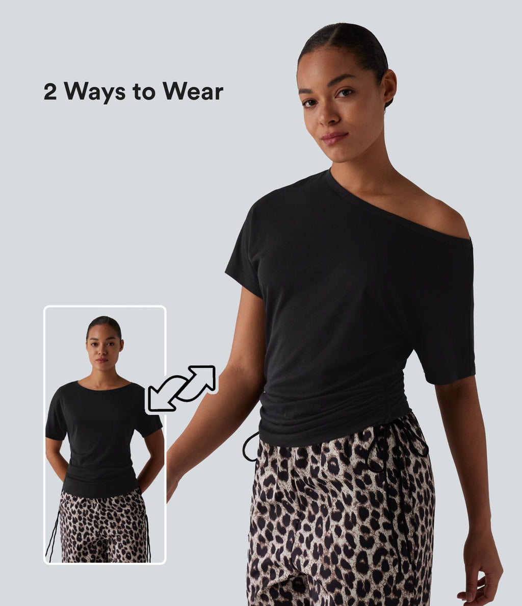 T-shirt décontracté asymétrique manches courtes avec cordon de serrage mélange laine