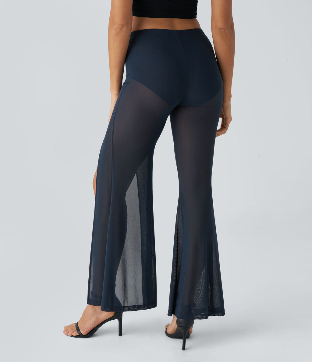 Pantalon Casual Évasé en Maille Taille Haute Fente Haute 2 en 1
