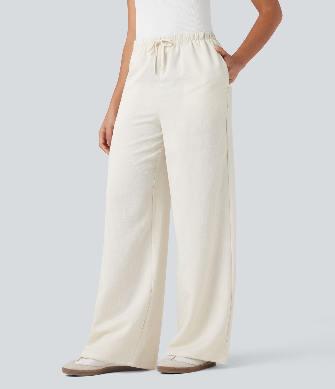 Pantalon décontracté large effet lin taille haute infroissable avec cordon et poches