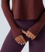 Top de sport yoga chiné col V manches longues avec trous pouces ourlet arrondi