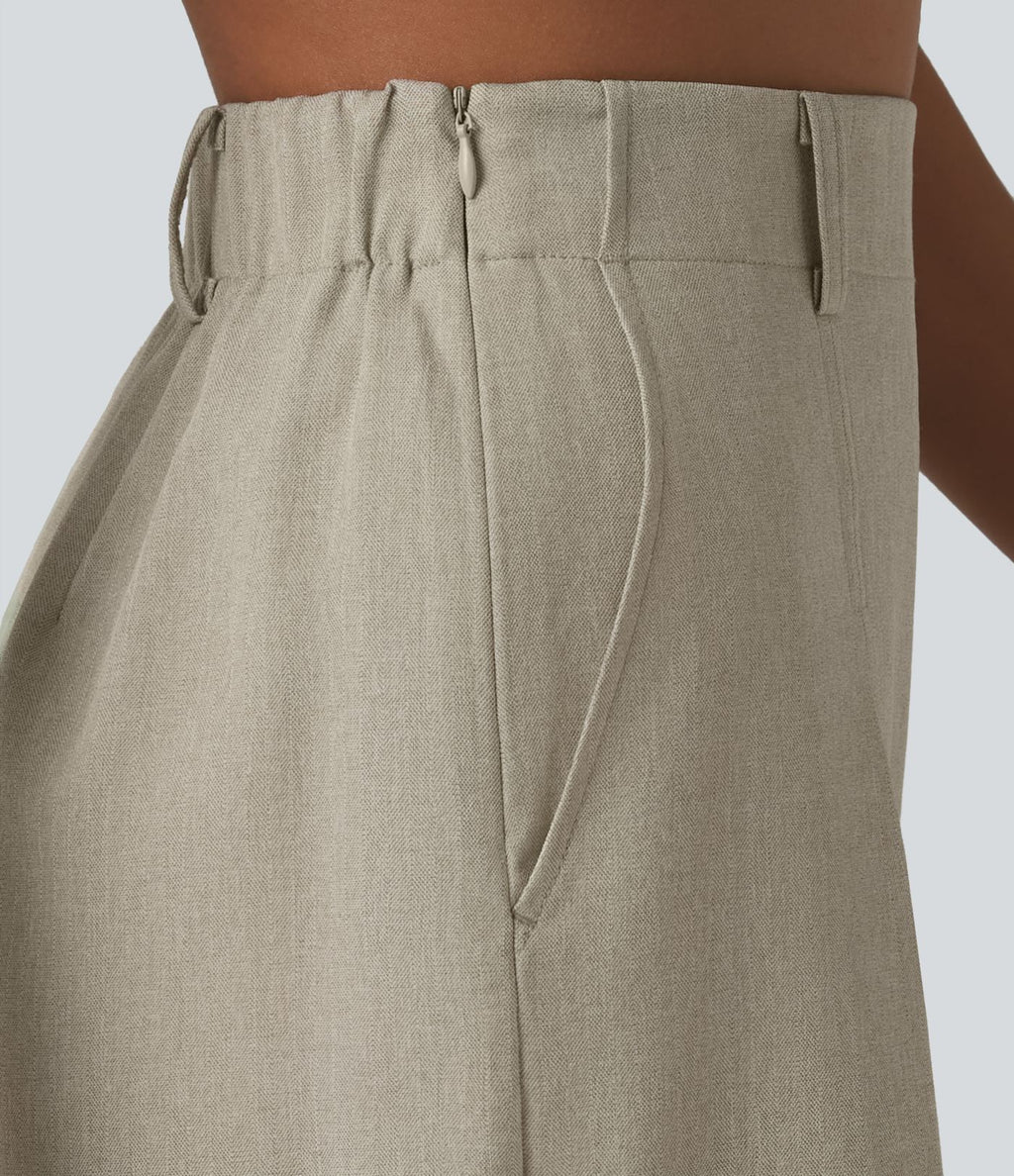 Bermuda ample infroissable taille haute plissé aspect lin avec fermeture éclair invisible et poches
