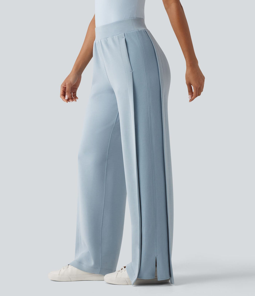 SpacerTek™ Pantalon large fluide décontracté taille haute avec cordon de serrage intérieur, côtes contrastées, fentes et poches