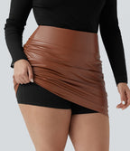 Jupe mini moulante grande taille 2 en 1 taille haute ventre plat froncée ourlet arrondi en polaire simili cuir — longueur allongée