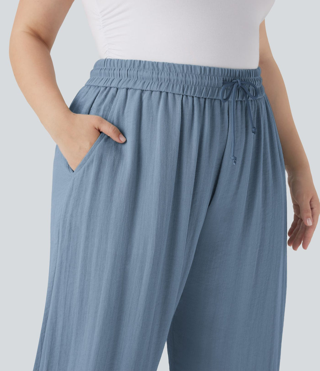 Pantalon décontracté grande taille large fluide taille haute effet lin avec cordon de serrage et poches