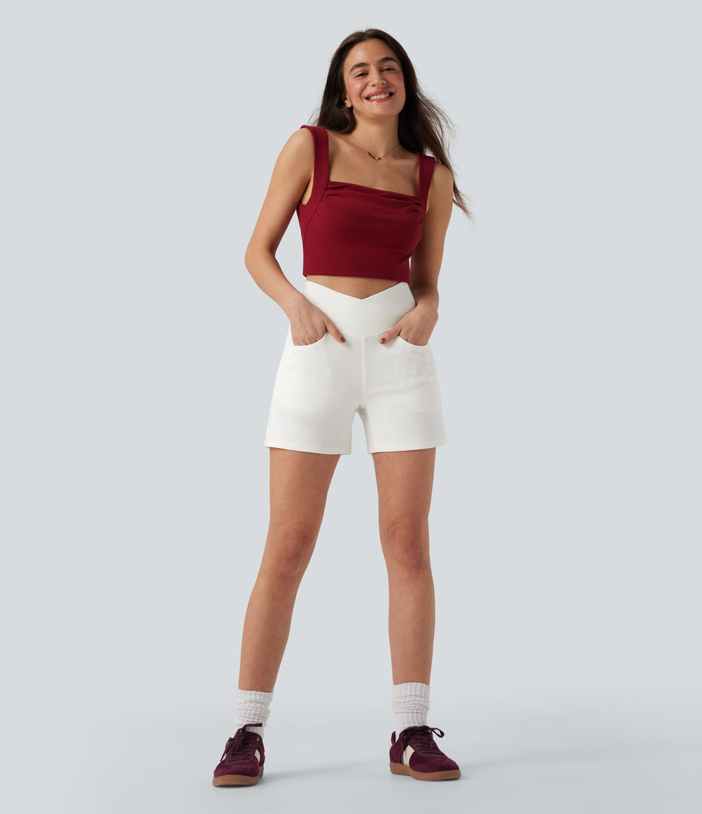 Halara Flex™ Short décontracté évasé à jambe large en denim extensible délavé taille haute croisée avec poches multiples