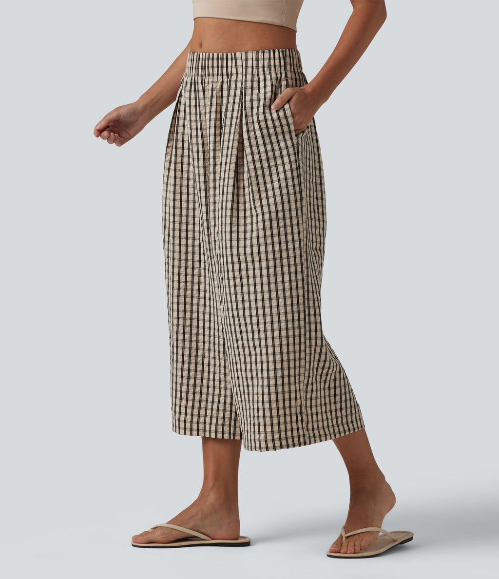Pantalon ample raccourci à carreaux taille mi-haute avec poches