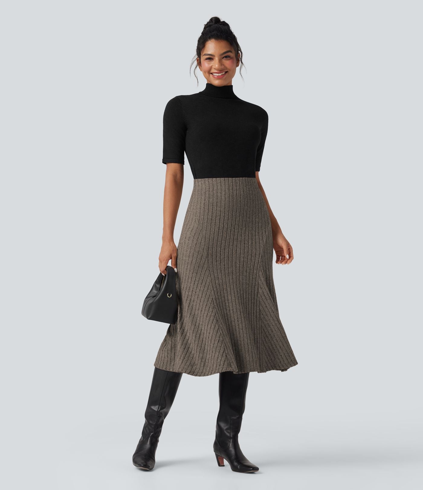 Jupe midi décontractée maille côtelée ligne A taille haute