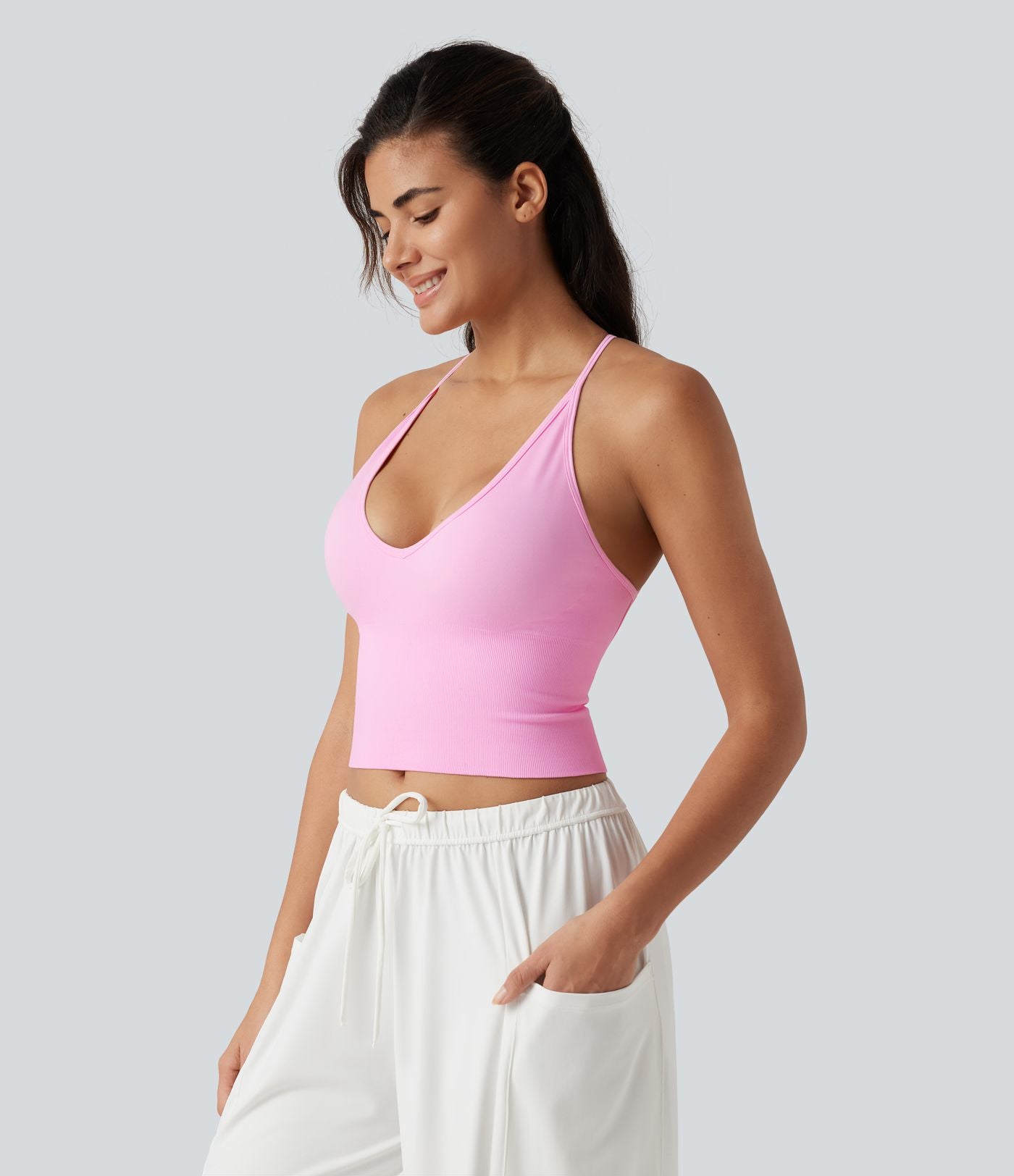 OneForm Seamless Flow Débardeur de yoga crop dos nu croisé décolleté en V profond avec soutien-gorge intégré