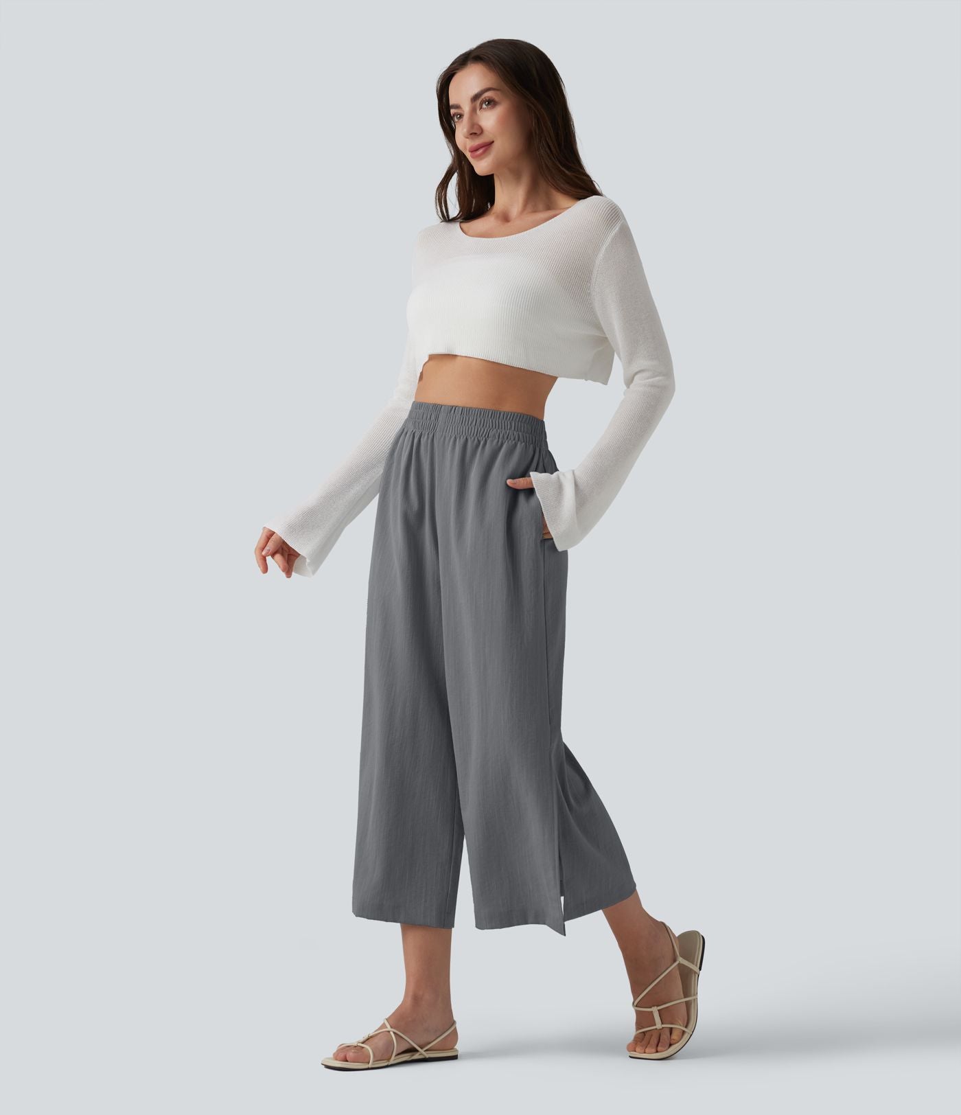 Pantalon ample court taille haute aspect lin avec fentes et poches