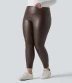 Leggings 7/8 grande taille en simili extensible effet ventre plat, taille haute, intérieur polaire, avec poches