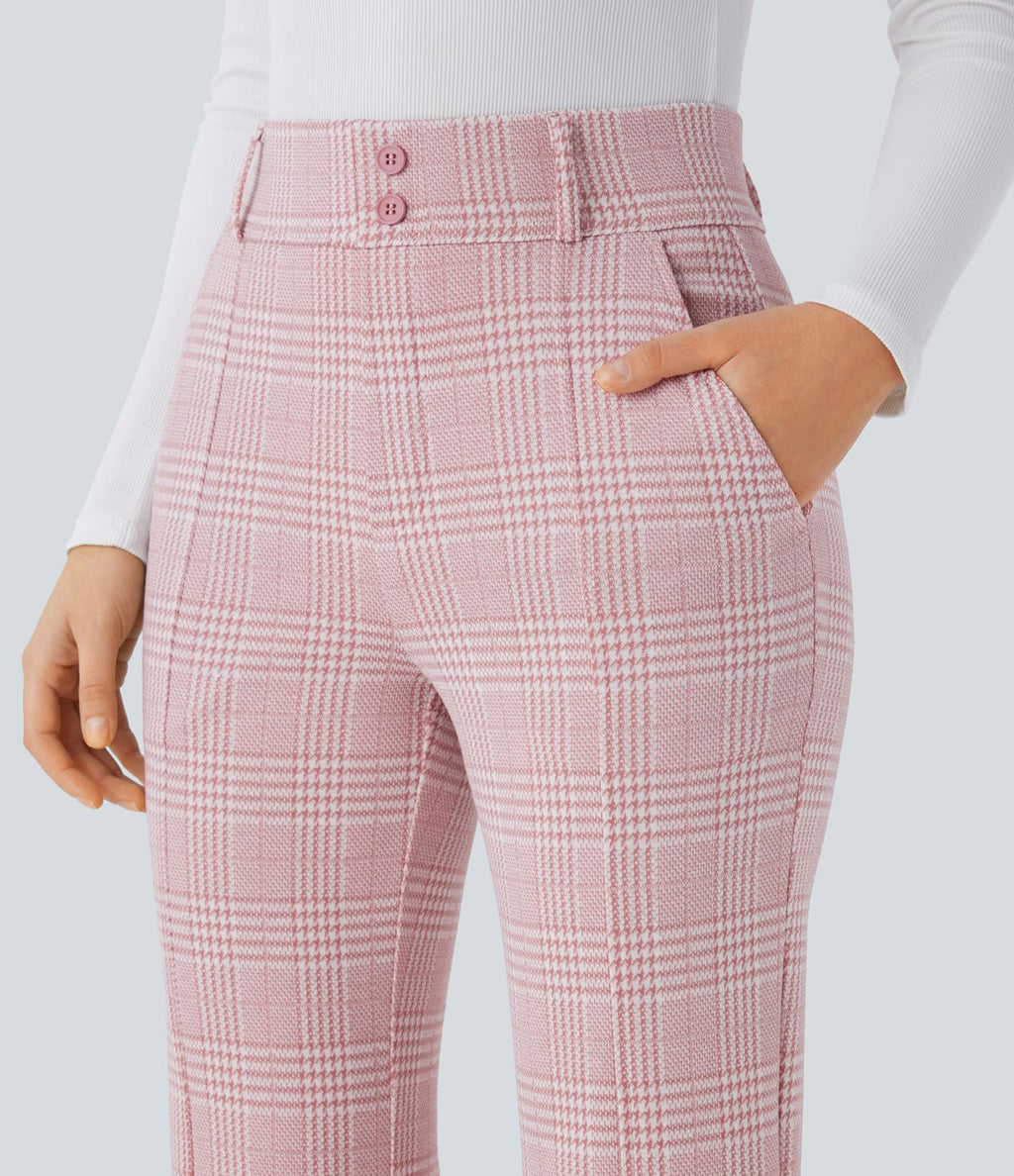 Halara Flex™ Pantalon tailleur évasé à carreaux pied-de-poule, taille haute avec boutons décoratifs et poches latérales