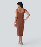 Robe moulante mi-longue SoftlyZero™ Airy col carré corset froncée effet frais InstantCool, bonnets E-G