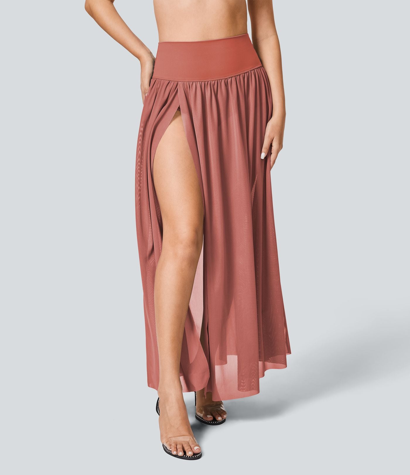 Jupe Casual Taille Haute Maxi Fluide Mesh Fente Plissée 2 en 1