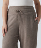Grande taille Pantalon casual large taille haute ventre plat en maille côtelée, cordon de serrage et poches