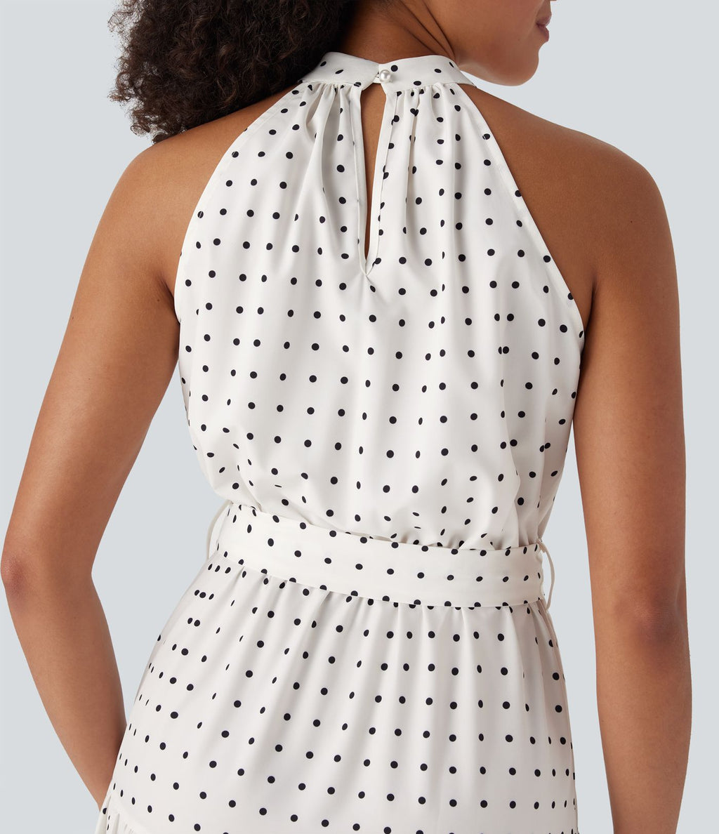 Robe mi-longue fluide de vacances à pois avec col licou, découpe dos, ceinture et poches latérales