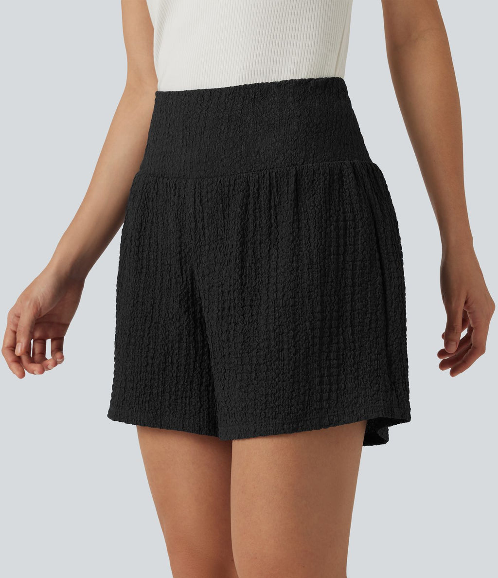 Short baggy 2-en-1 casual en tissu froissé taille haute avec poches