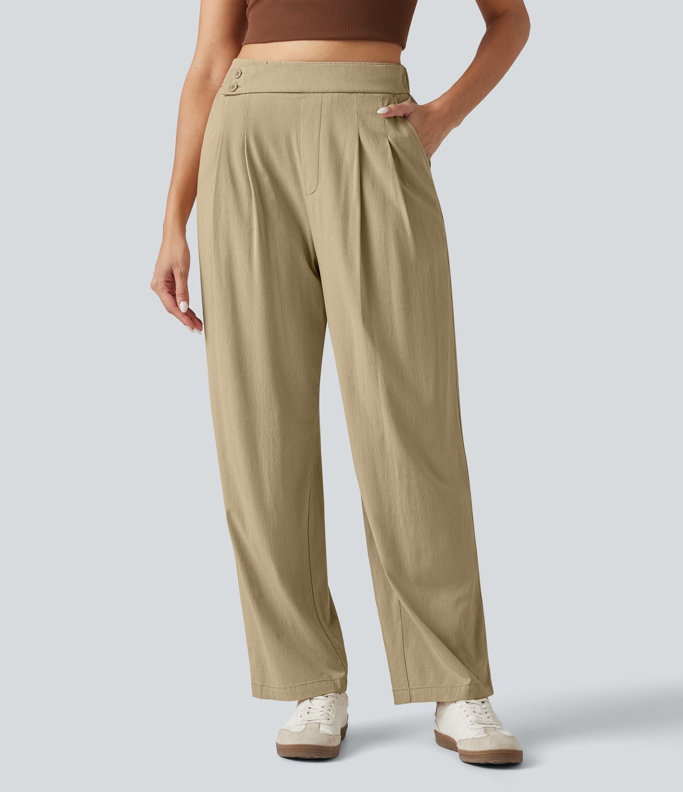Pantalon décontracté fuselé taille haute en lin stretch avec poches