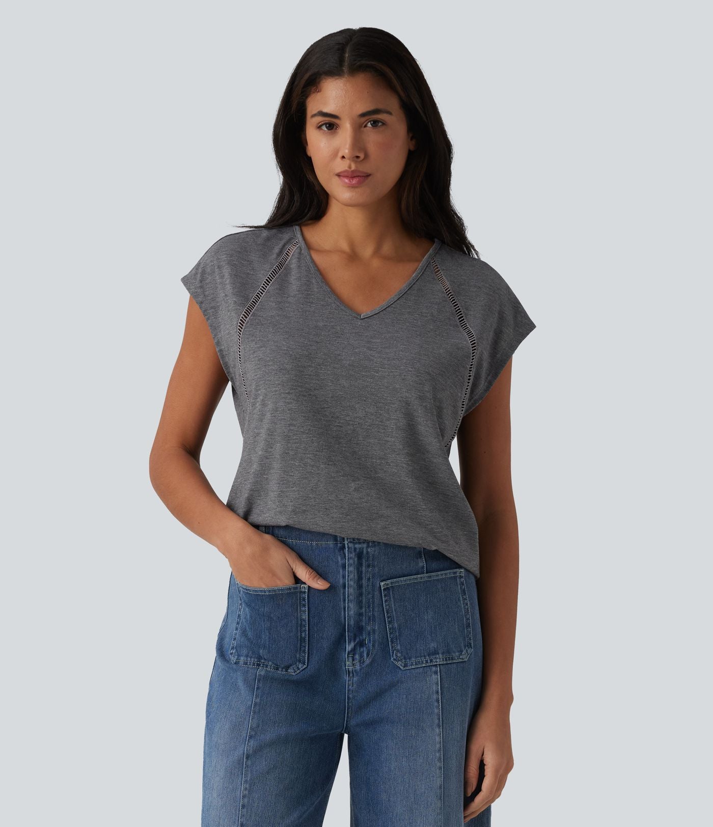 T-shirt casual chiné col V à manches courtes chauve-souris