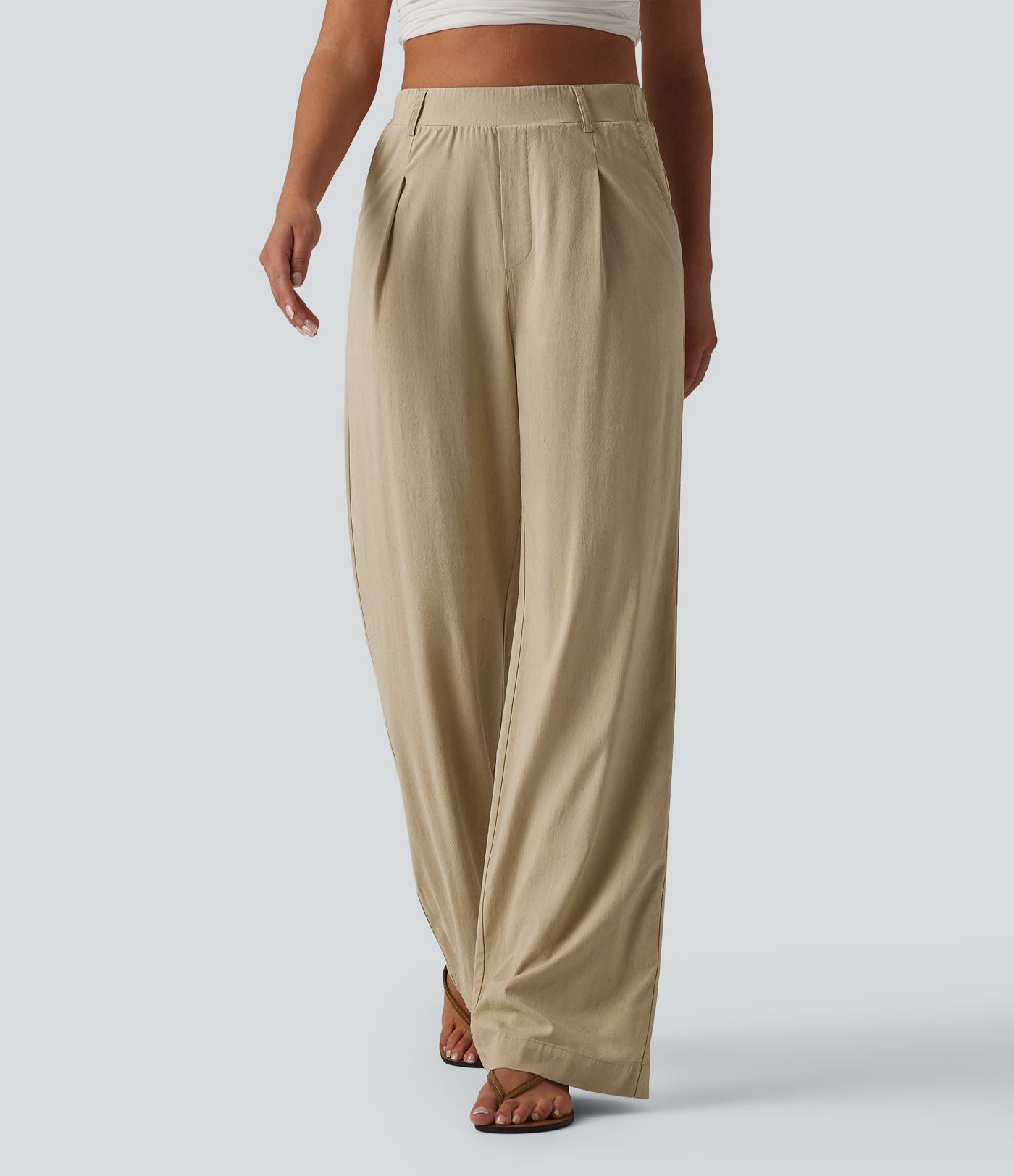 Pantalon taille haute casual en lin stretch coupe droite avec poches