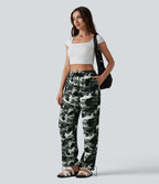 Pantalon cargo large décontracté camouflage taille mi-haute avec cordon de serrage et poches