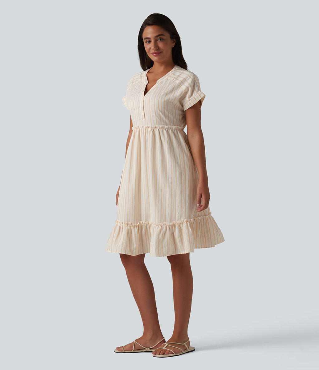 Robe décontractée mini col V manches courtes à rayures avec poches