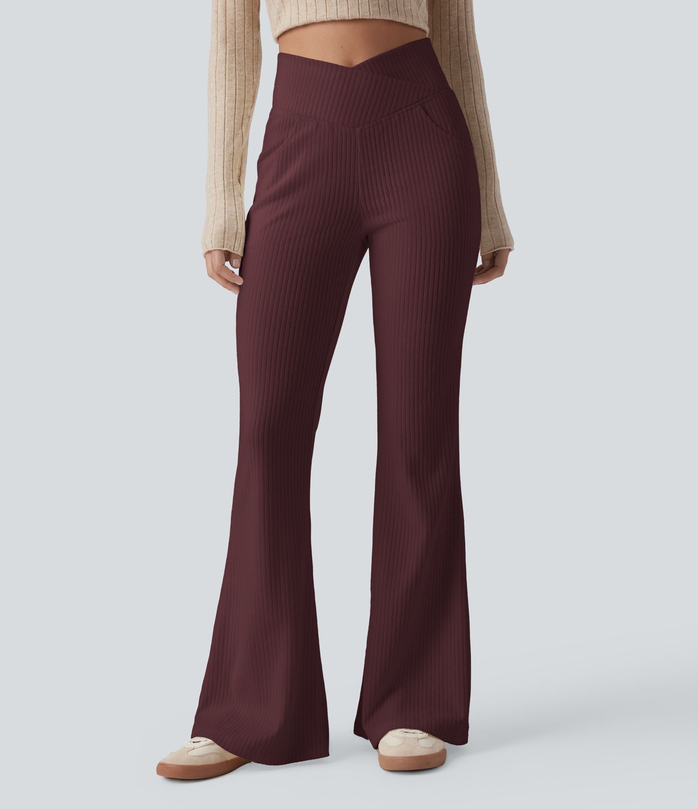 Pantalon Taille Haute Casual Évasés en Tricot Côtelé avec Poches Latérales et Croisé