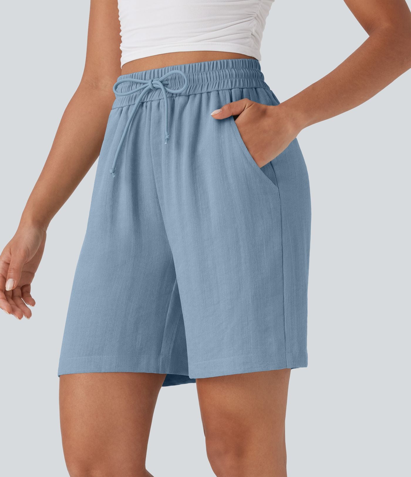 Short décontracté effet lin taille haute avec cordon de serrage et poches latérales