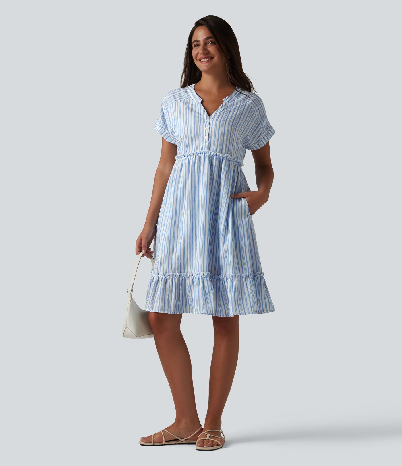 Robe décontractée mini col V manches courtes à rayures avec poches