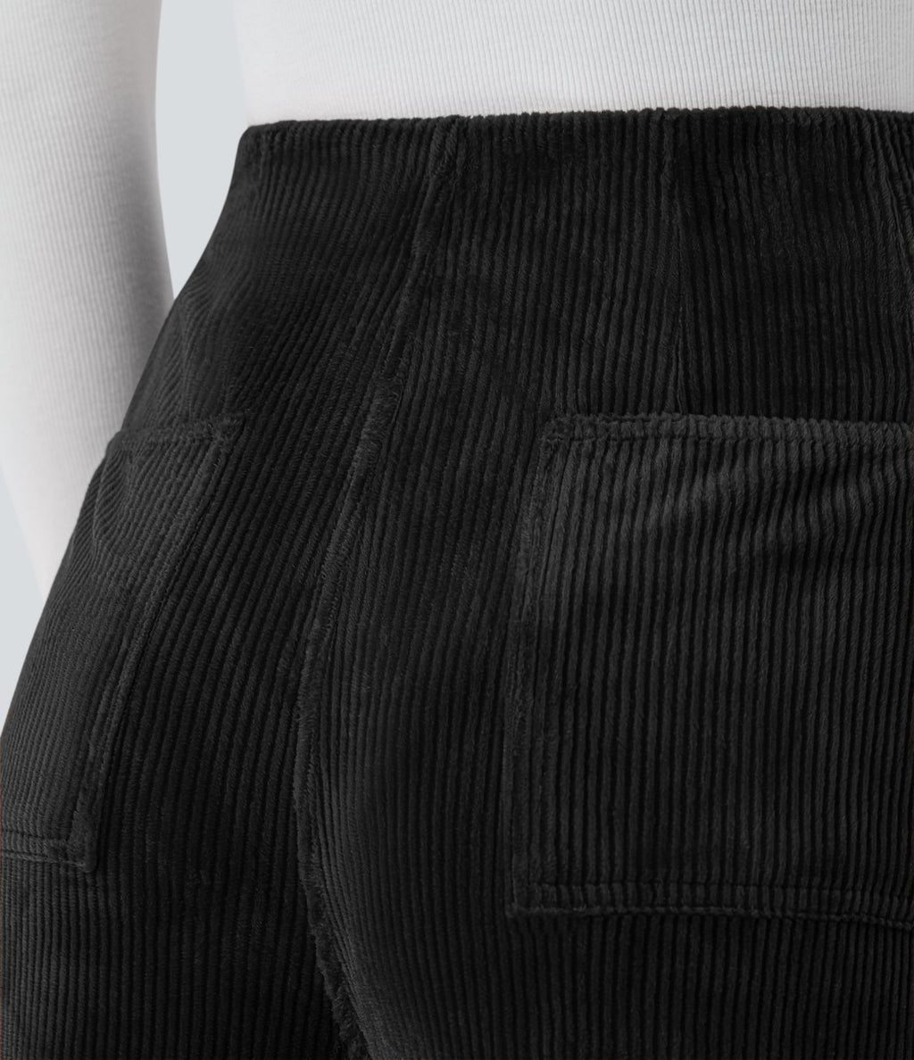 Pantalon de palazzo décontracté en velours côtelé taille haute à plis avec poches multiples
