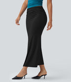 Jupe midi sirène froncée taille mi-haute