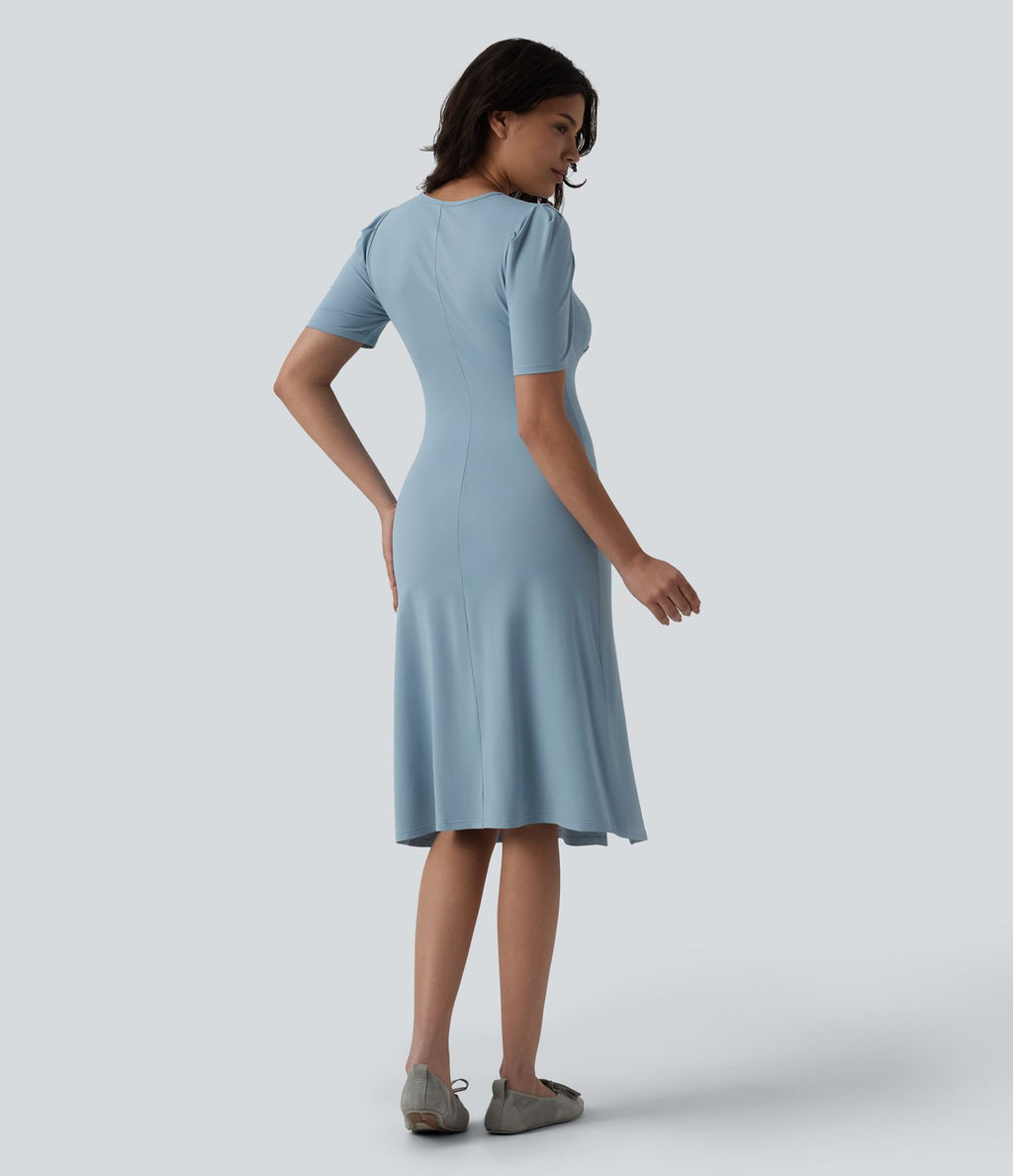 Robe midi casual col V manches courtes