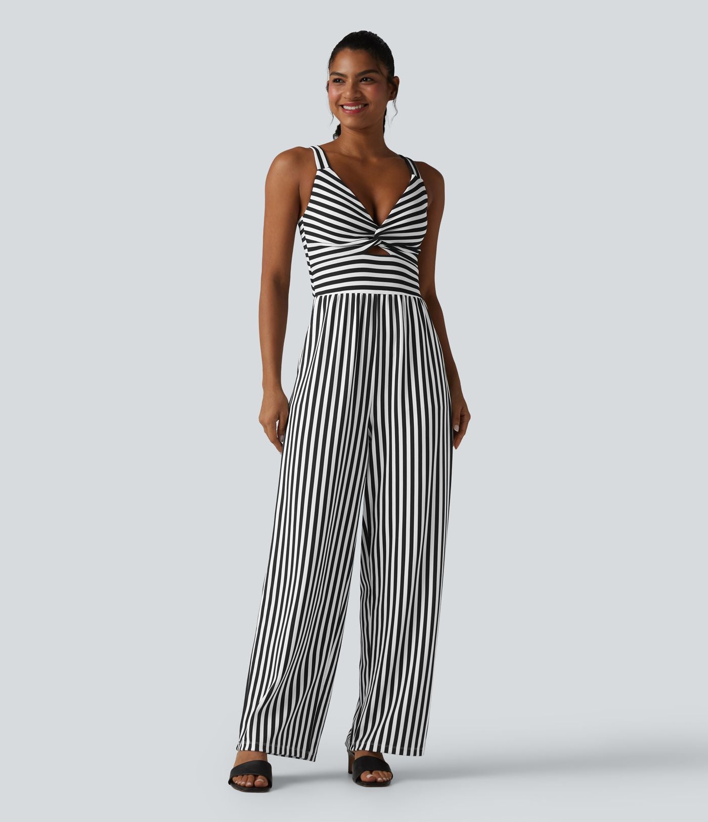 Combinaison casual sans manches à rayures en nid d'abeille torsadée froncée fermeture éclair invisible avec soutien-gorge intégré et poches - Easy Peasy