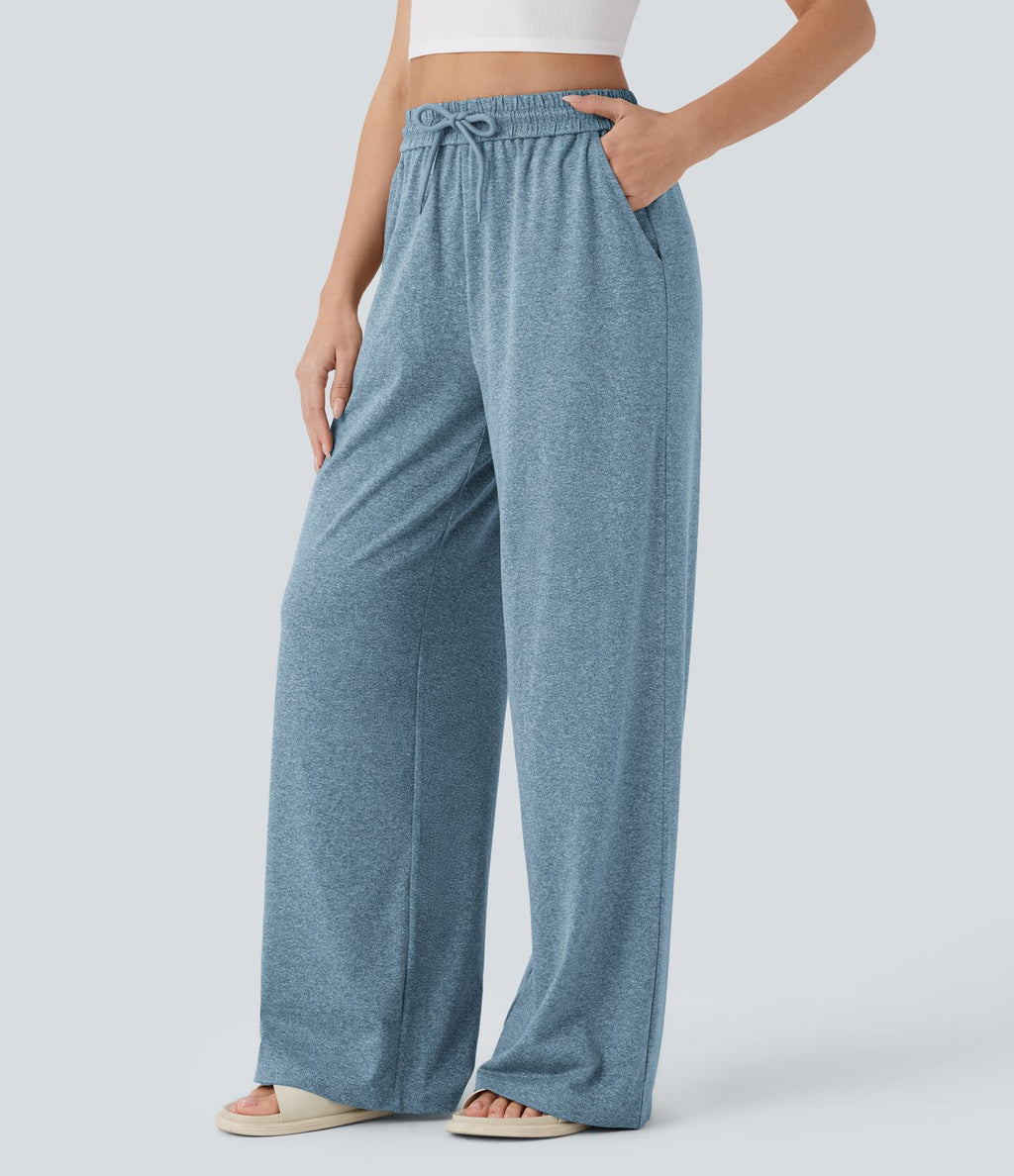 Pantalon large décontracté taille haute avec cordon de serrage et poches latérales