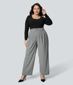 Pantalon Tailleur Droite Taille Haute Boutonnés Fermeture Éclair Plissé Poches Latérales Froncé Grande Taille