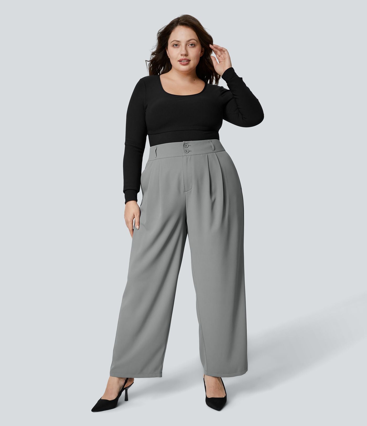 Pantalon Tailleur Droite Taille Haute Boutonnés Fermeture Éclair Plissé Poches Latérales Froncé Grande Taille