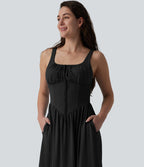 Robe midi fluide casual col carré à corset et nœud devant avec poches
