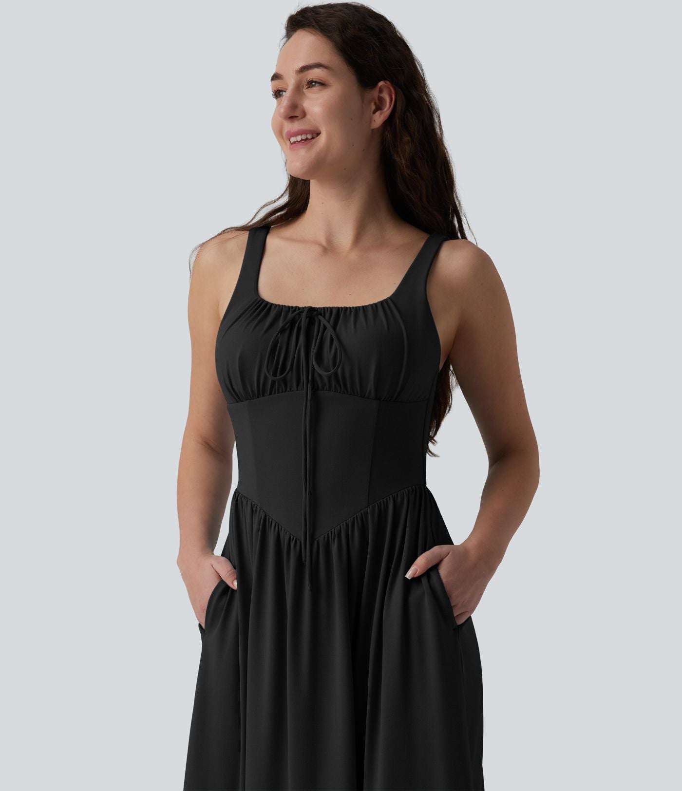 Robe midi fluide casual col carré à corset et nœud devant avec poches