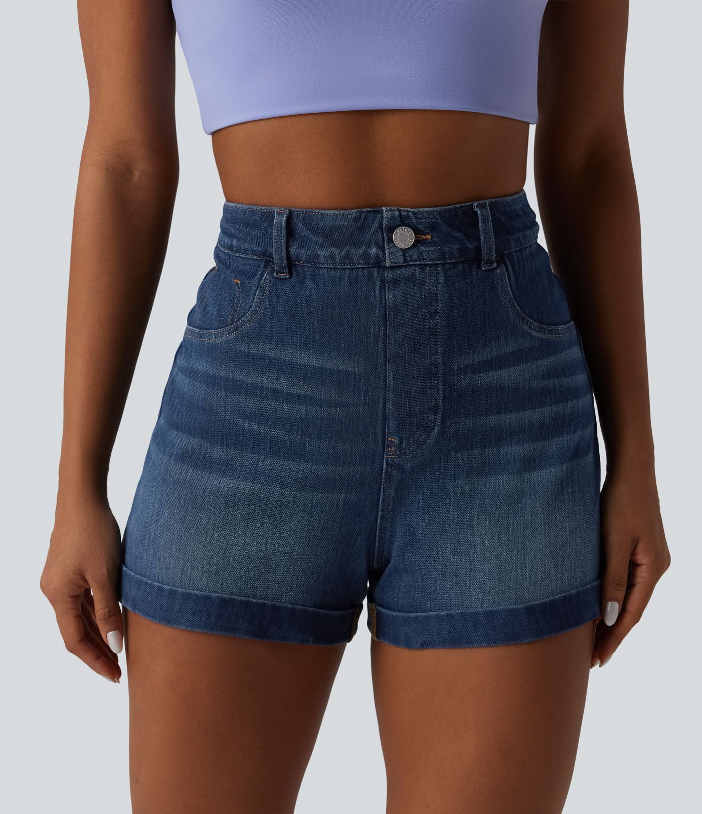 Short denim décontracté Halara Flex™ gainant taille haute ourlet roulotté avec poches