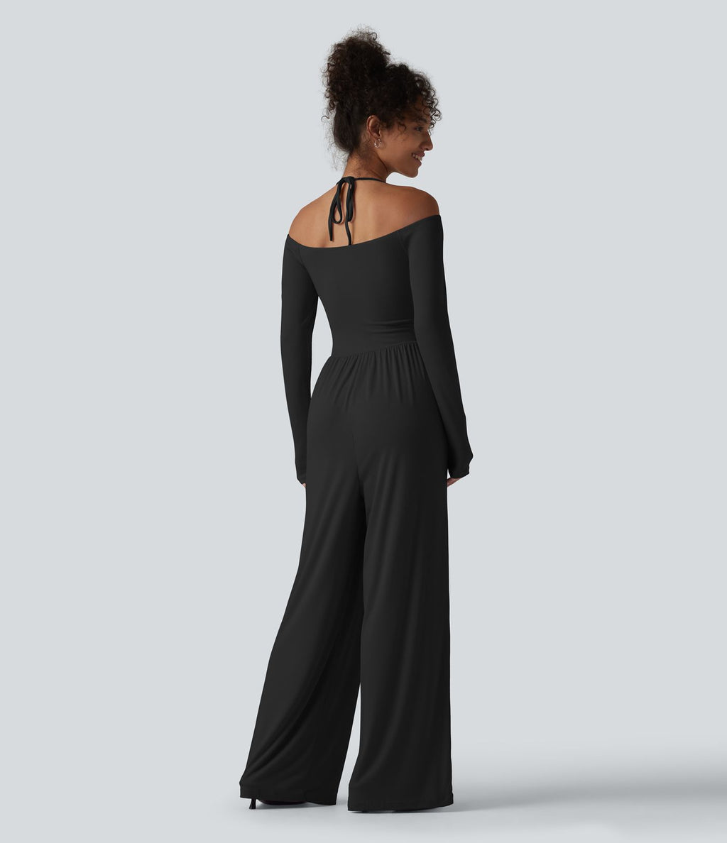 Combinaison casual en maille côtelée dos nu noué épaules dénudées manches longues avec soutien-gorge intégré et poches