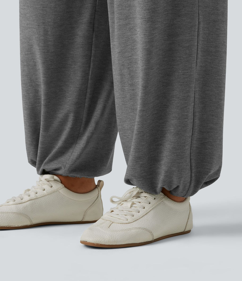 Pantalon de yoga chiné froncé taille haute avec poches