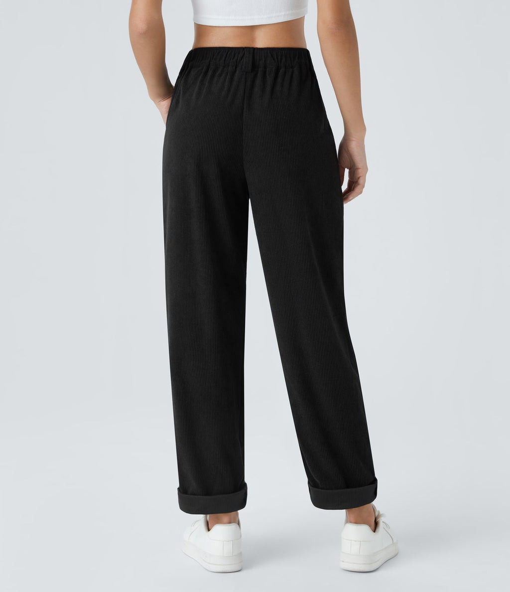 Pantalon en velours côtelé décontracté taille moyenne avec poches latérales