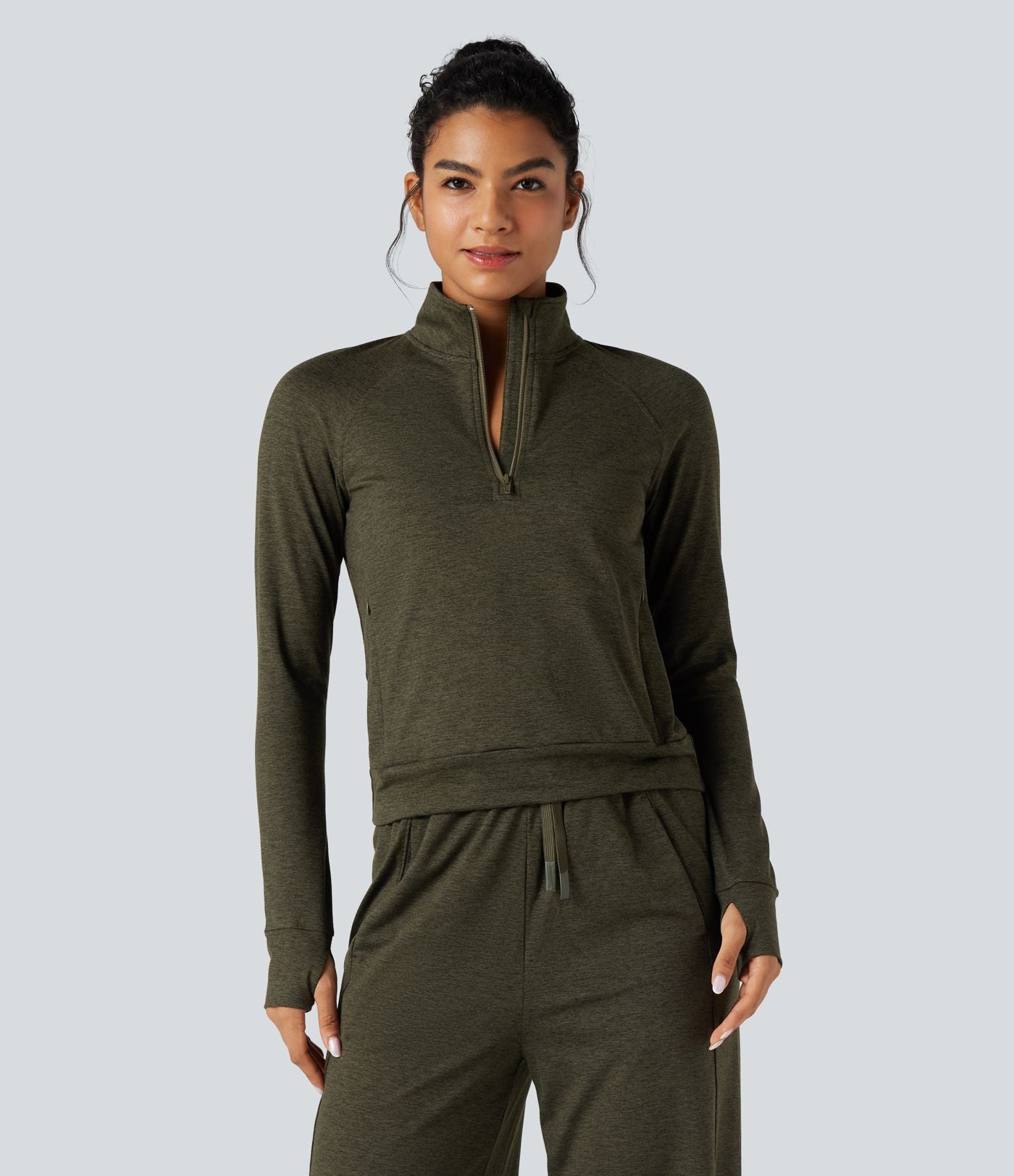 Sweat-shirt polaire thermique chiné séchage rapide demi-zip avec trous pouces et poches - UPF40+