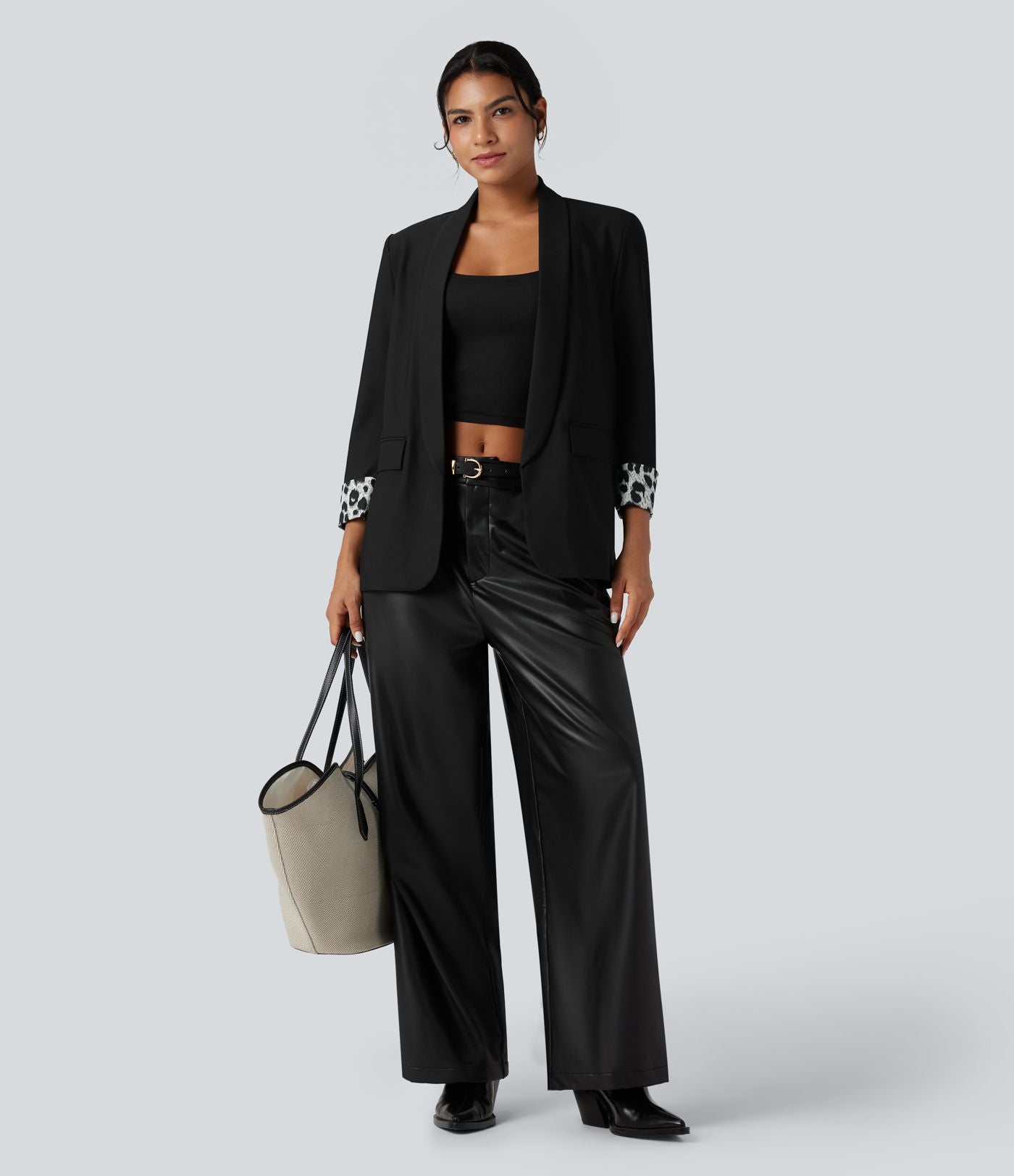 Blazer tailleur sergé imprimé léopard col tailleur manches longues avec poches