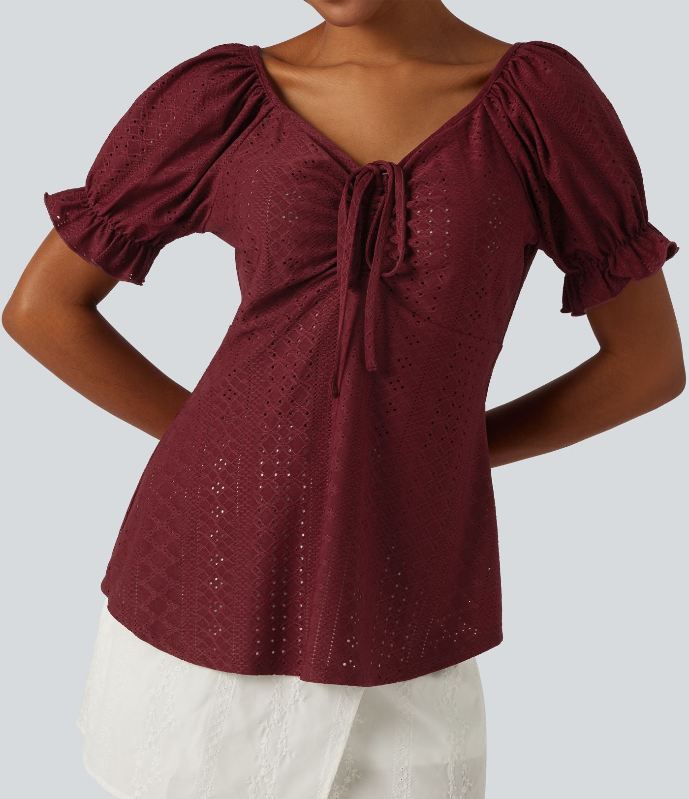 Blouse décontractée col V manches courtes bouffantes lacée ajourée