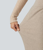Pantalon large fluide côtelé taille haute avec cordon de serrage et poches