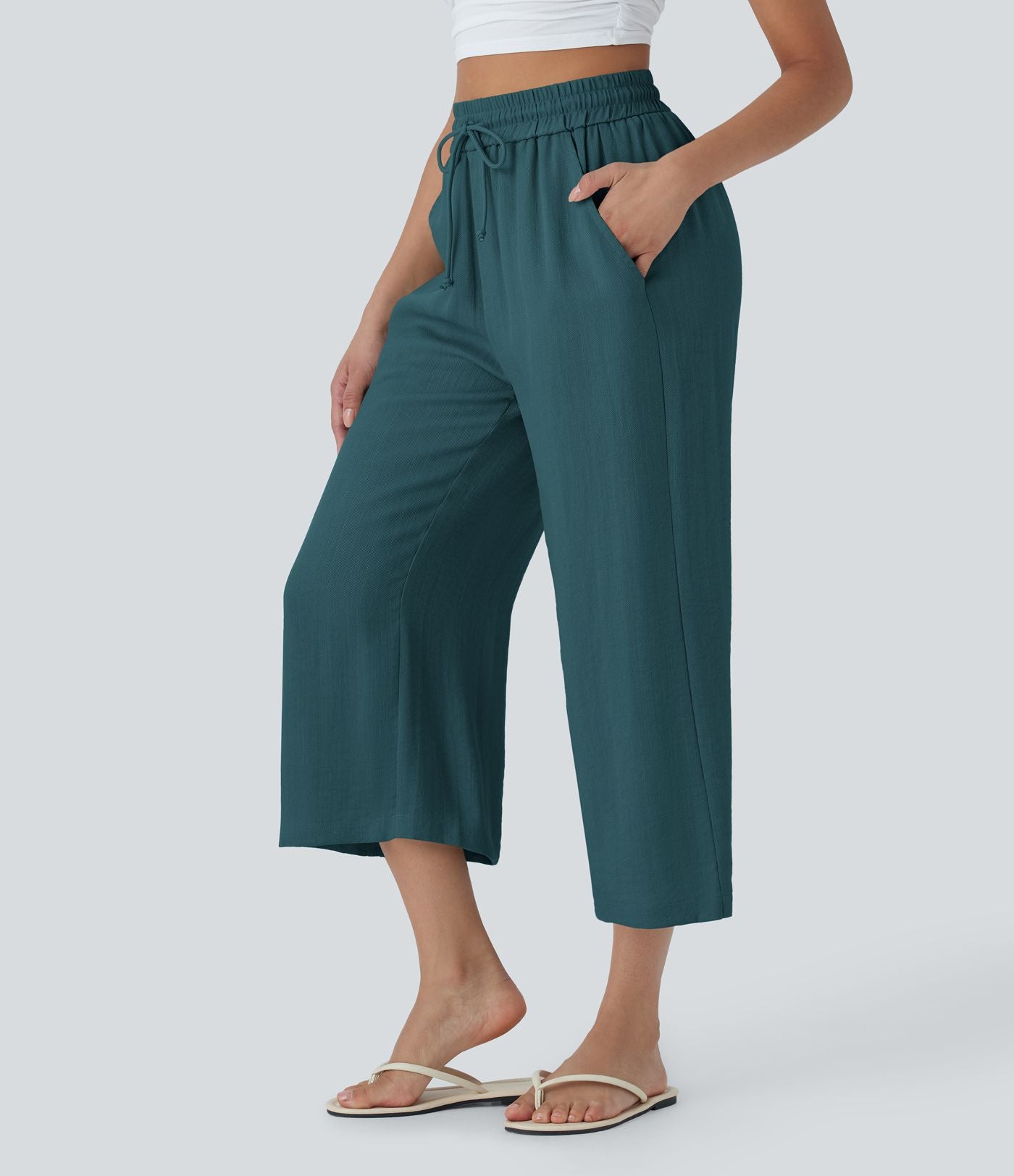 Pantalon décontracté aspect lin 7/8 à taille haute, jambe large avec cordon de serrage et poches latérales