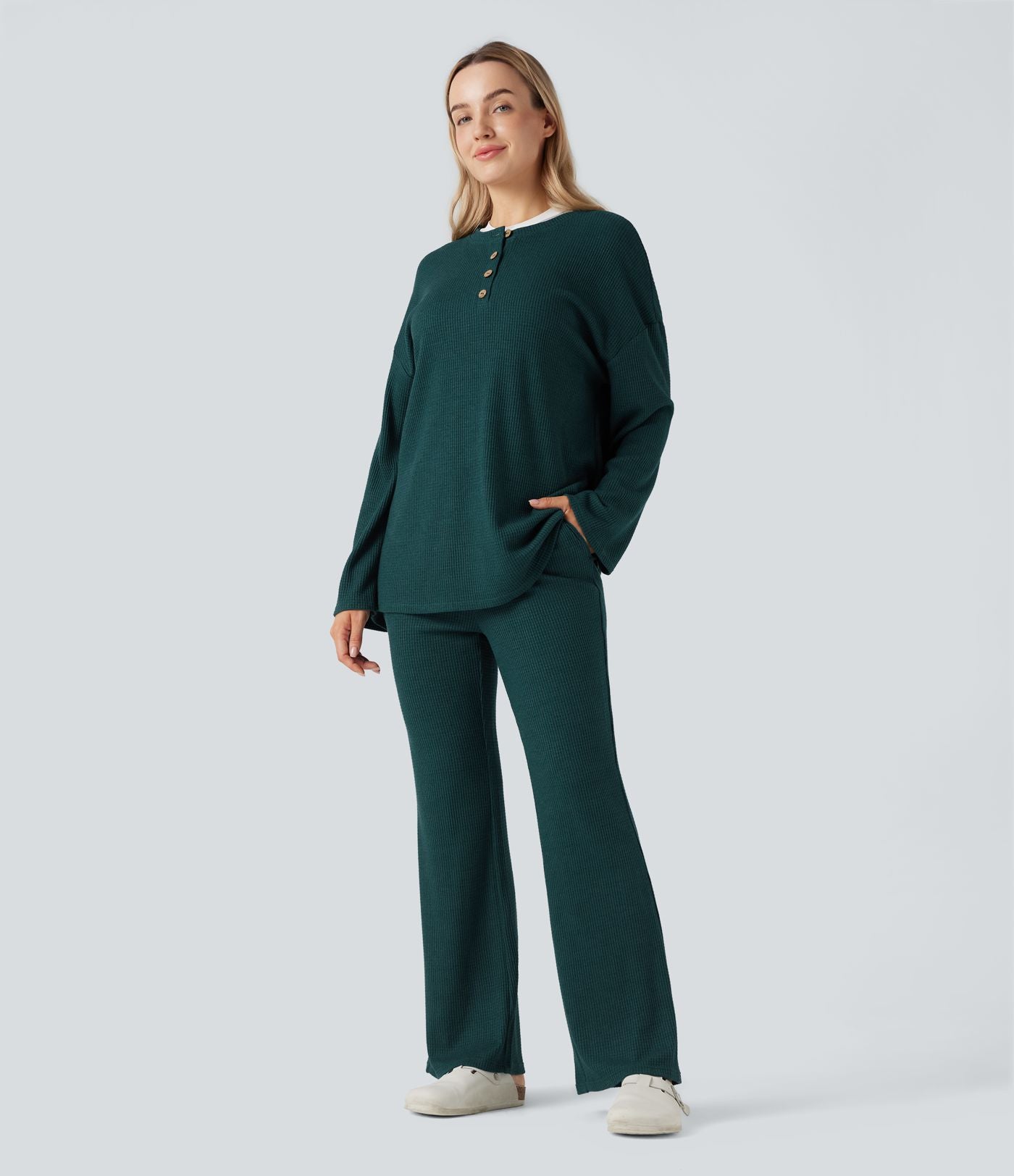 Pantalon décontracté évasé maille gaufrée taille haute avec poches