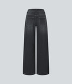 Halara Flex™ Jean Large Casual Taille Basse avec Boutons Zip Multiples Poches Lavés Élastiques et Tricotés